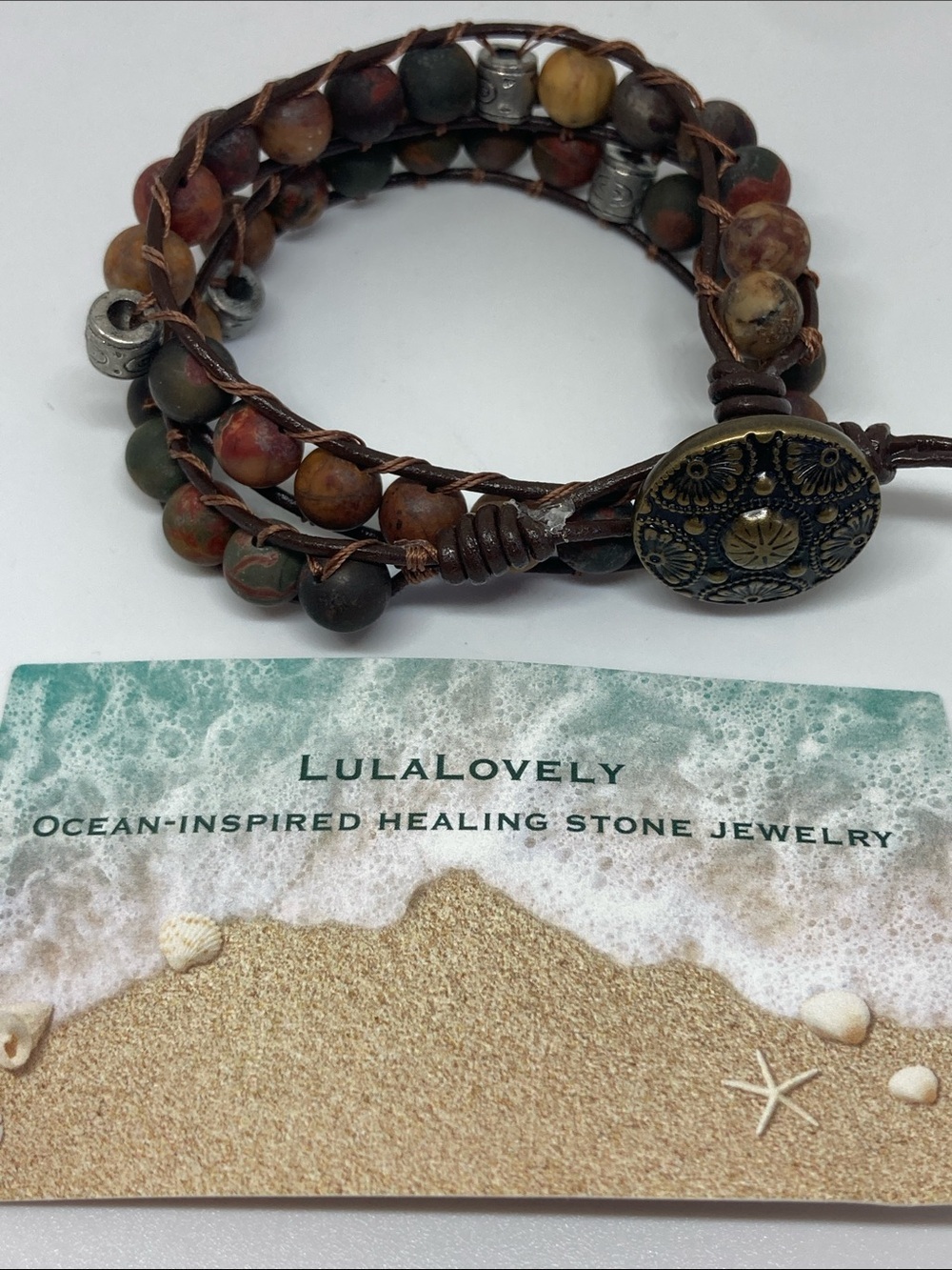 Handmade Multicolor Beaded Wrap Bracelet with Antique Button Closure - Picture 2 of 4